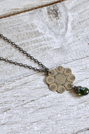 Stamped Flower Mandala Necklace in Sterling Silver with Chrome Diopside Gemstone