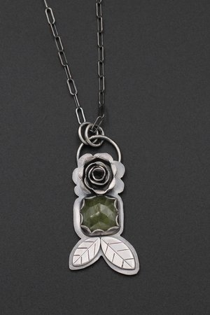 Green Sapphire Necklace with Sterling Silver Rose and Leaves