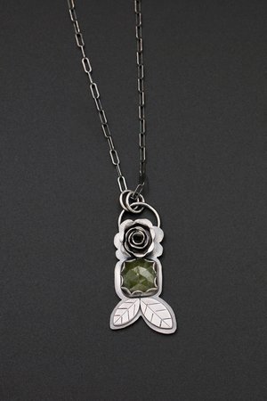 Green Sapphire Necklace with Sterling Silver Rose and Leaves