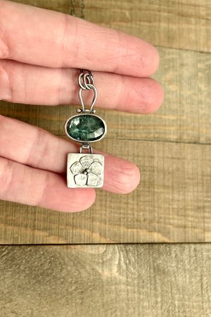 Green Kyanite and Oxidized Sterling Silver Necklace with Flower