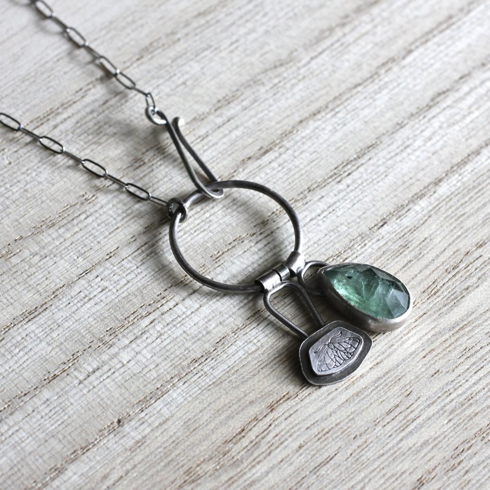 Green Kyanite and Moth Necklace in Sterling Silver