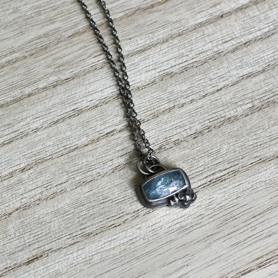 Tiny Blue Kyanite Pendant Necklace with Flower in Sterling Silver
