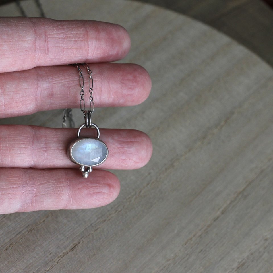 Tiny Sterling Silver and Moonstone Pendant Necklace