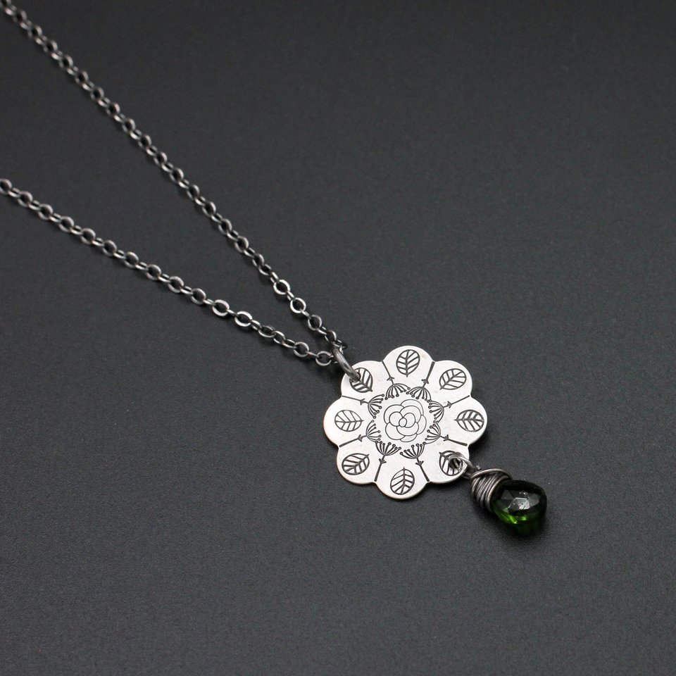 Stamped Flower Mandala Necklace in Sterling Silver with Chrome Diopside Gemstone