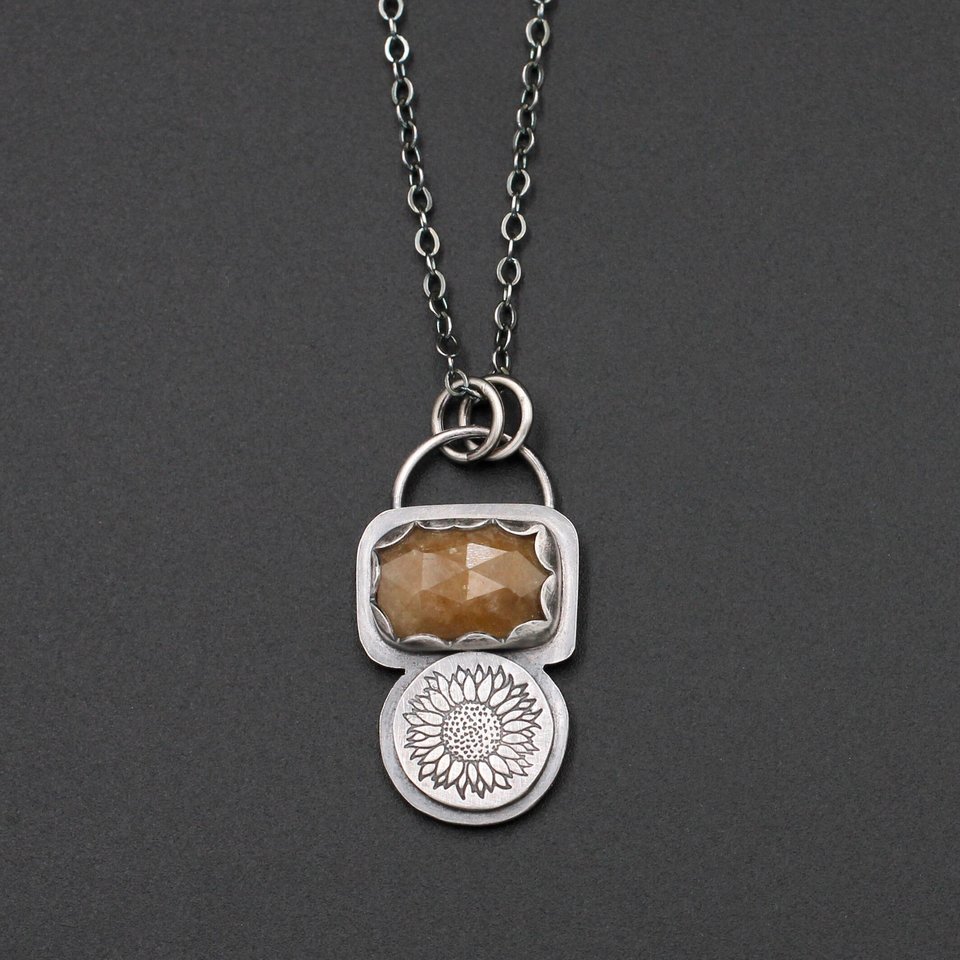 Sunflowers and Golden Yellow/Brown Sapphire Necklace in Sterling Silver