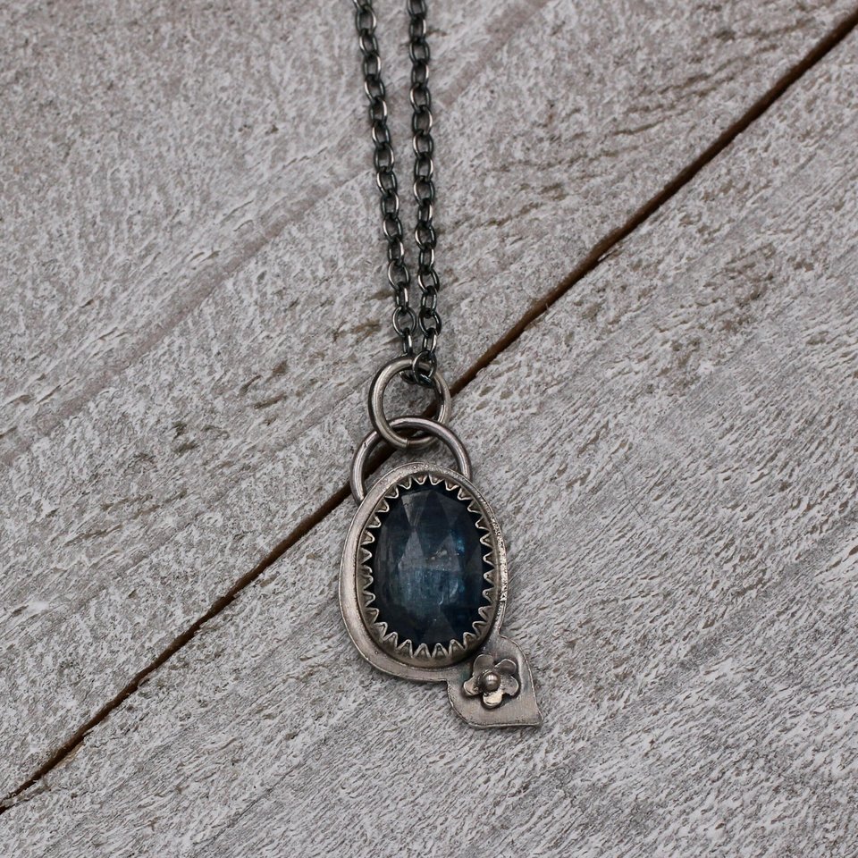 Faceted Kyanite and Sterling Silver Tiny Necklace with Flower