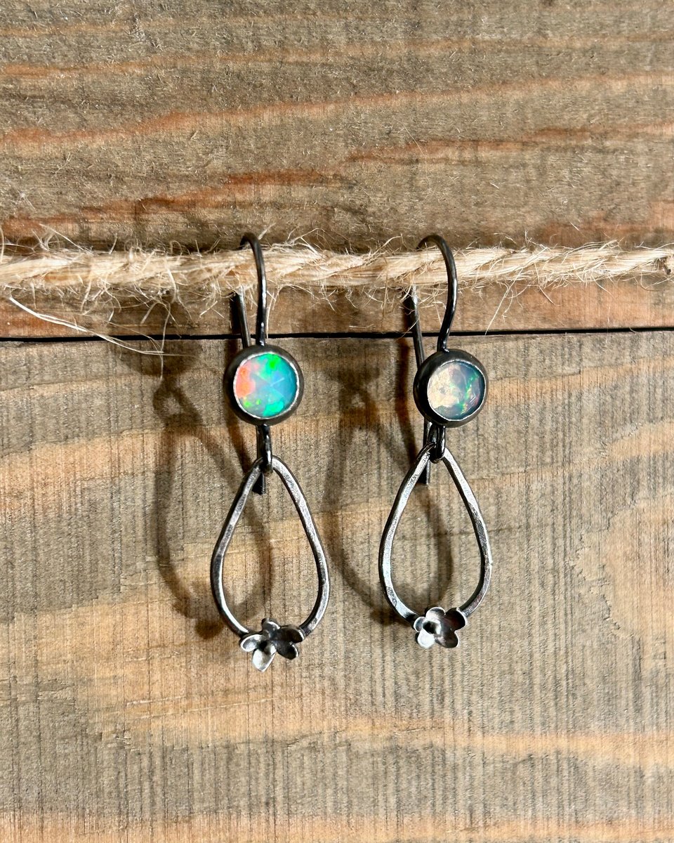 Opal and Tiny Flower Earrings in Sterling Silver