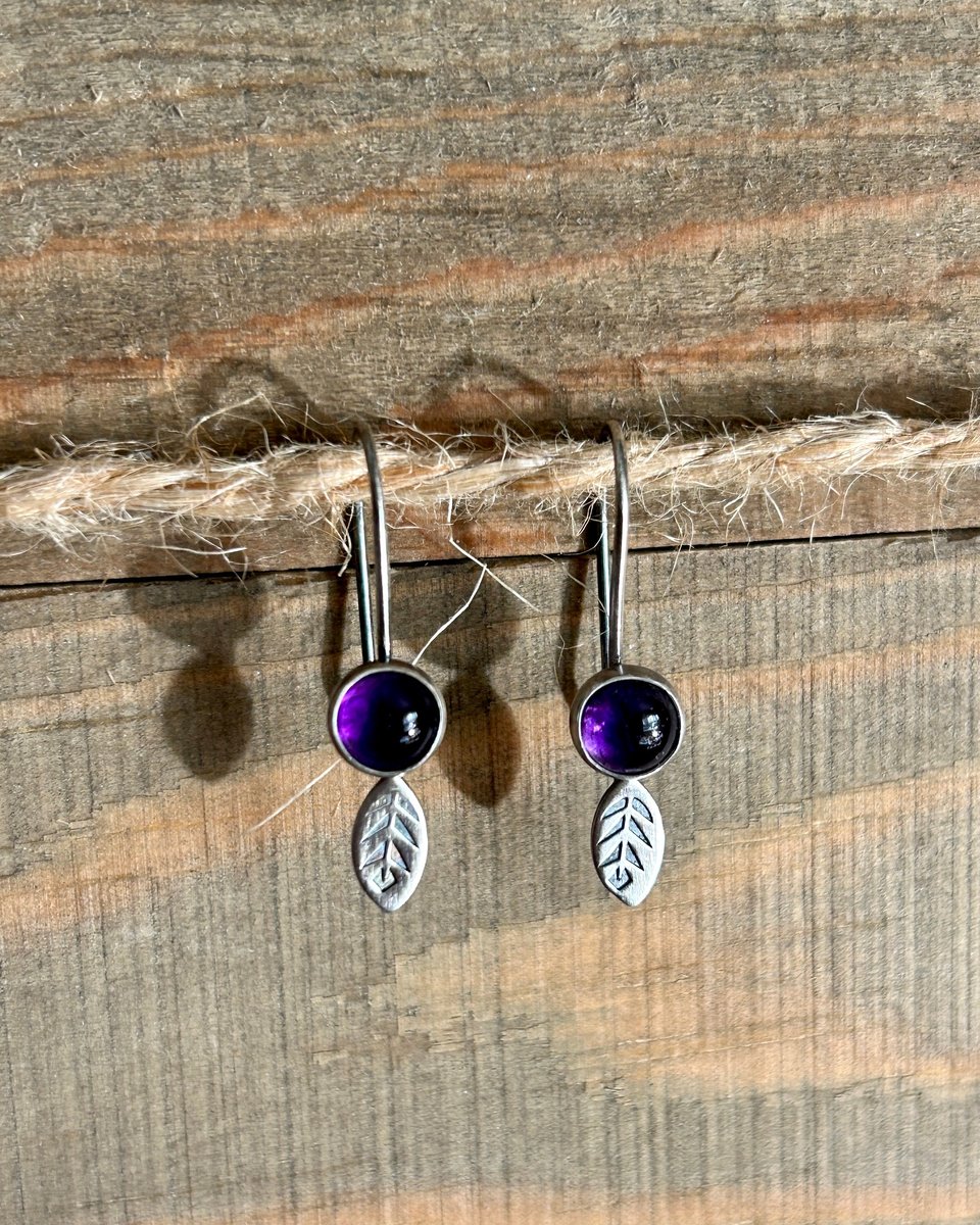 Amethyst and Oxidized Sterling Silver Dainty Earrings with Leaves