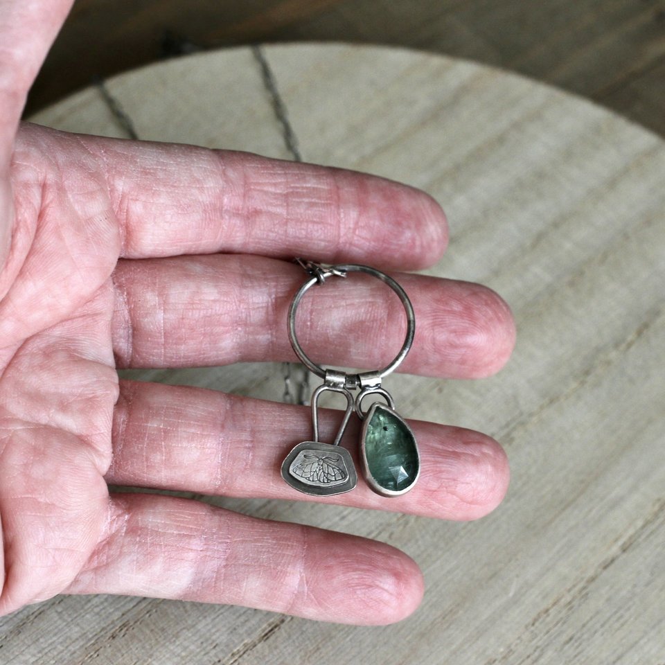 Green Kyanite and Moth Necklace in Sterling Silver