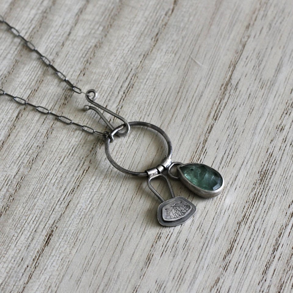 Green Kyanite and Moth Necklace in Sterling Silver