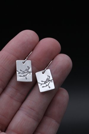 Cardinal on a Branch Sterling Silver Earrings