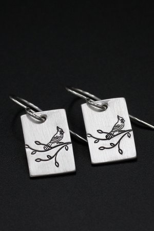 Cardinal on a Branch Sterling Silver Earrings