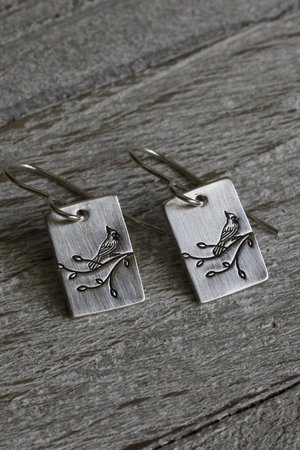 Cardinal on a Branch Sterling Silver Earrings