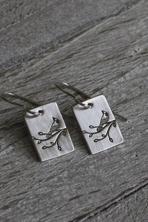 Cardinal on a Branch Sterling Silver Earrings