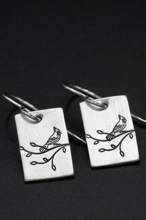 Cardinal on a Branch Sterling Silver Earrings