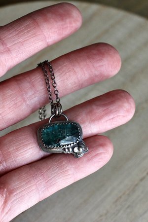 Blue Kyanite and Sterling Silver Necklace with Tiny Flower