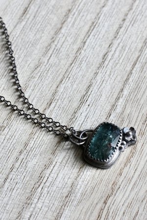 Blue Kyanite and Sterling Silver Necklace with Tiny Flower