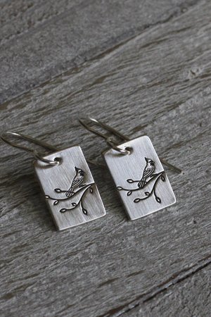 Cardinal on a Branch Sterling Silver Earrings