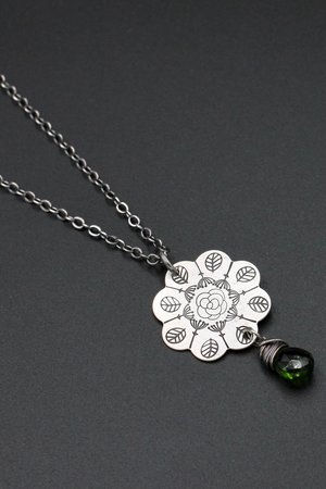 Stamped Flower Mandala Necklace in Sterling Silver with Chrome Diopside Gemstone