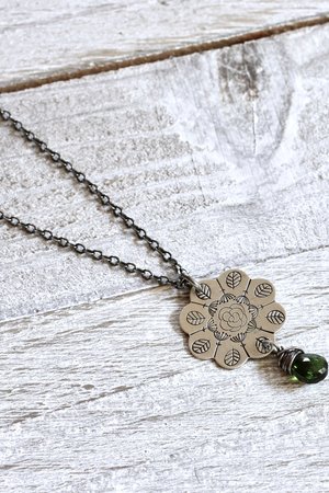 Stamped Flower Mandala Necklace in Sterling Silver with Chrome Diopside Gemstone