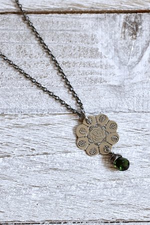 Stamped Flower Mandala Necklace in Sterling Silver with Chrome Diopside Gemstone