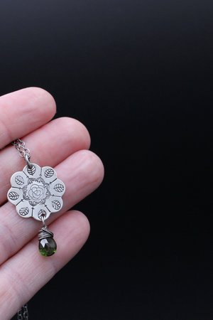 Stamped Flower Mandala Necklace in Sterling Silver with Chrome Diopside Gemstone