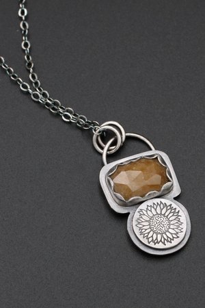 Sunflowers and Golden Yellow/Brown Sapphire Necklace in Sterling Silver