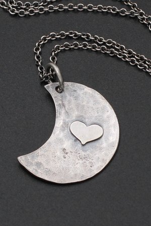 Hammered Moon with Heart Sterling Silver Necklace