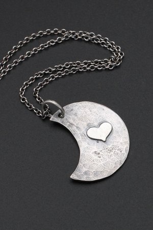 Hammered Moon with Heart Sterling Silver Necklace