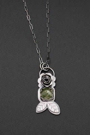 Green Sapphire Necklace with Sterling Silver Rose and Leaves