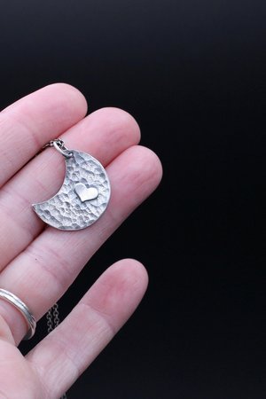 Hammered Moon with Heart Sterling Silver Necklace