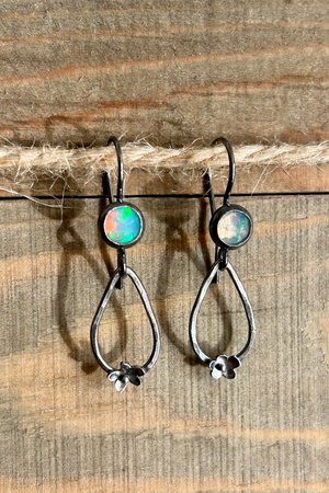 Opal and Tiny Flower Earrings in Sterling Silver