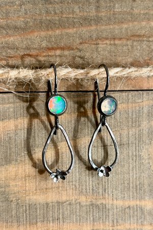 Opal and Tiny Flower Earrings in Sterling Silver