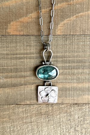 Green Kyanite and Oxidized Sterling Silver Necklace with Flower