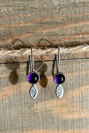 Amethyst and Oxidized Sterling Silver Dainty Earrings with Leaves