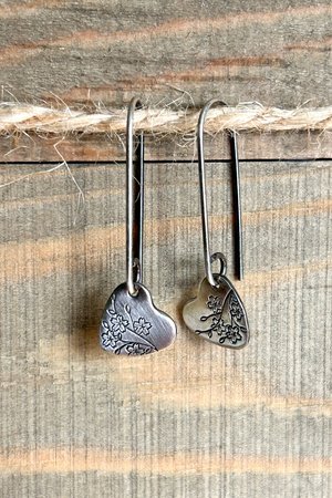 Sterling Silver Heart Earrings with Stamped Cherry Blossoms