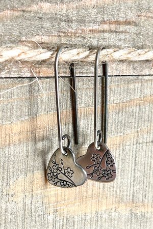 Sterling Silver Heart Earrings with Stamped Cherry Blossoms