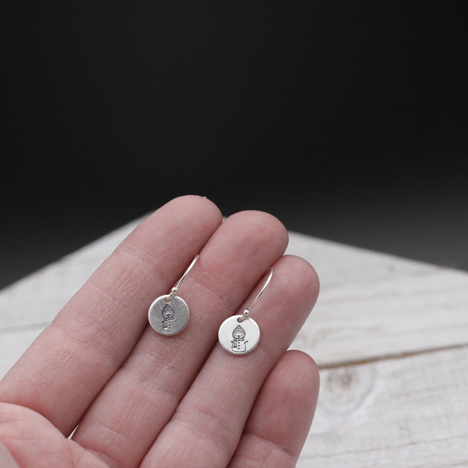 Tiny Snowman Earrings; Sterling Silver Earrings