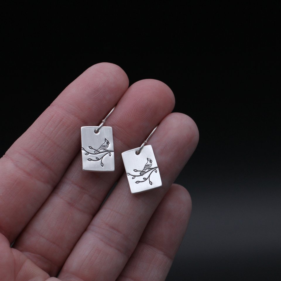 Cardinal on a Branch Sterling Silver Earrings