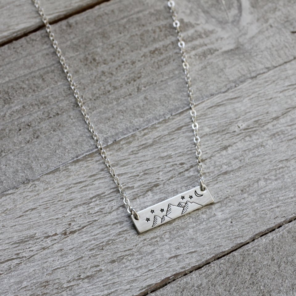 Mountains and Night Sky Bar Necklace in Sterling Silver