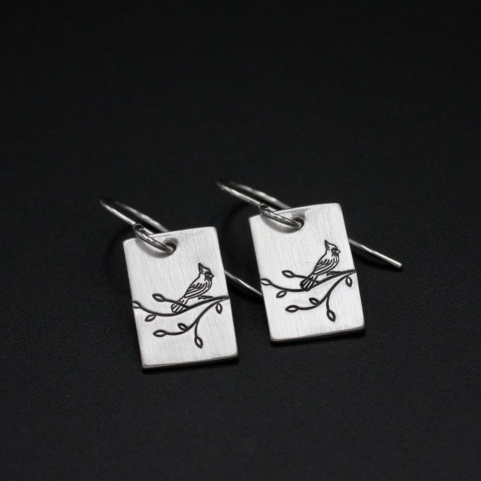 Cardinal on a Branch Sterling Silver Earrings