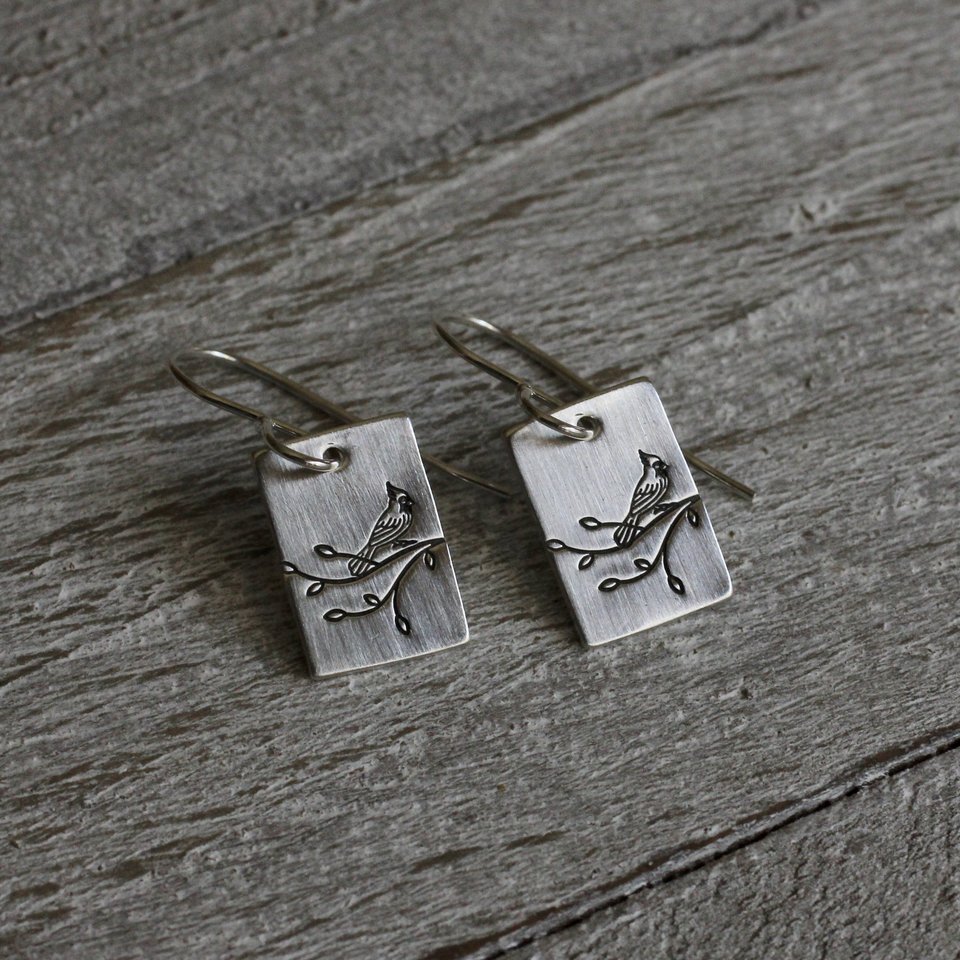 Cardinal on a Branch Sterling Silver Earrings