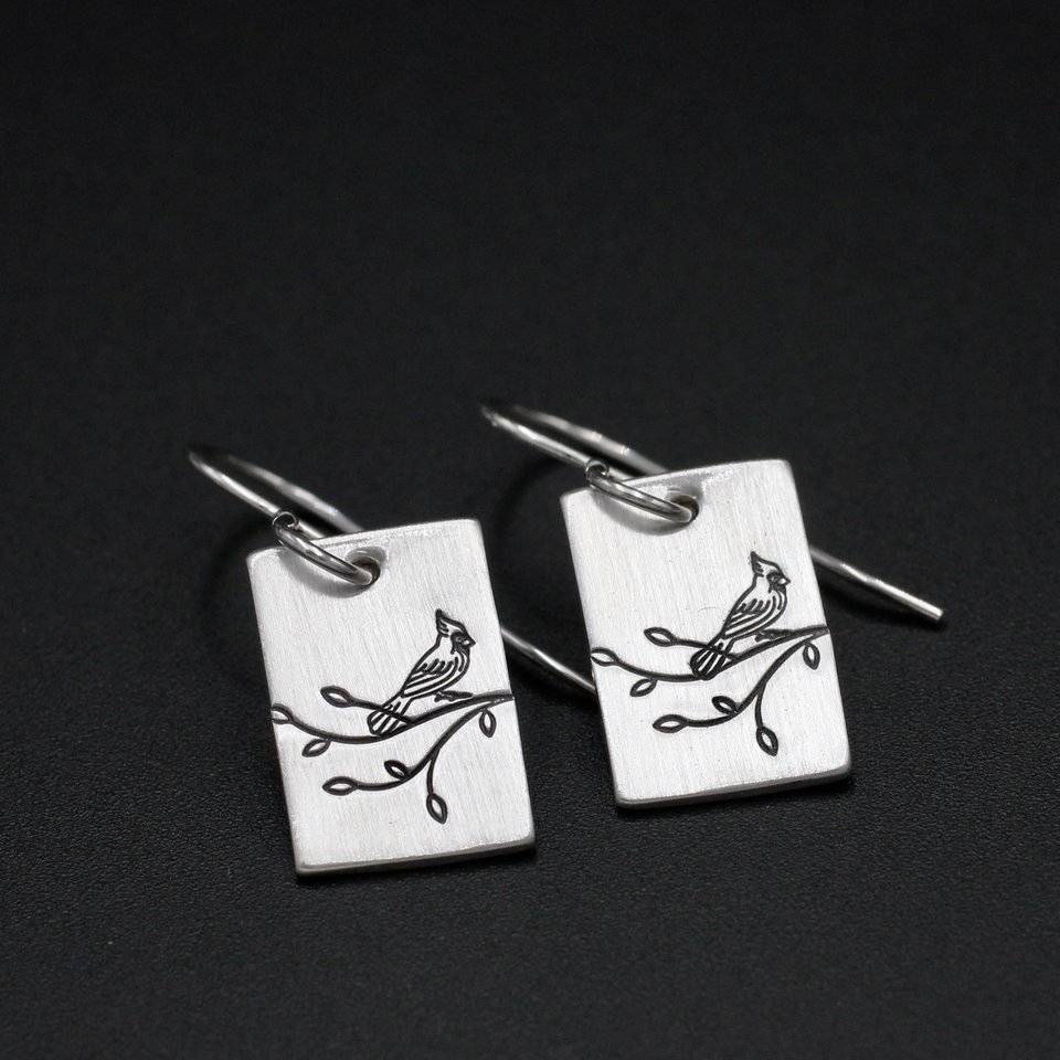 Cardinal on a Branch Sterling Silver Earrings