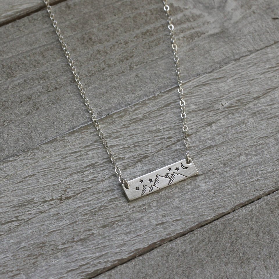 Mountains and Night Sky Bar Necklace in Sterling Silver