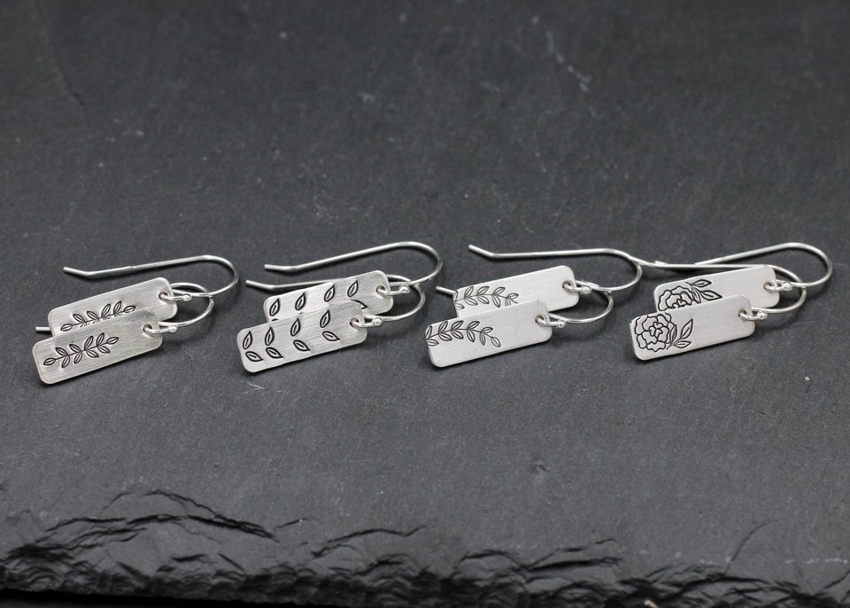 Sterling Silver Floral and Leaf Earrings, Light Weight Earrings, For Girls, Women, Hand Stamped