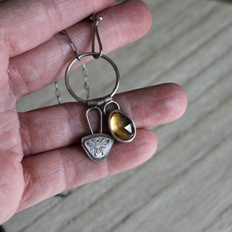 Citrine And Bee Necklace in Sterling Silver