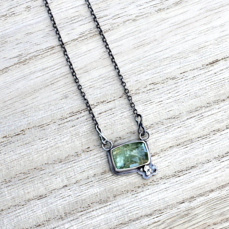 Green Kyanite and Flower Necklace in Sterling Silver