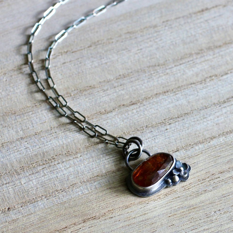 Little Orange Kyanite and Sterling Silver Necklace with Flower