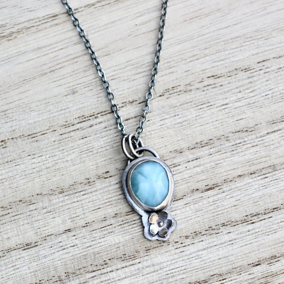 Larimar and flower Necklace in Sterling Silver
