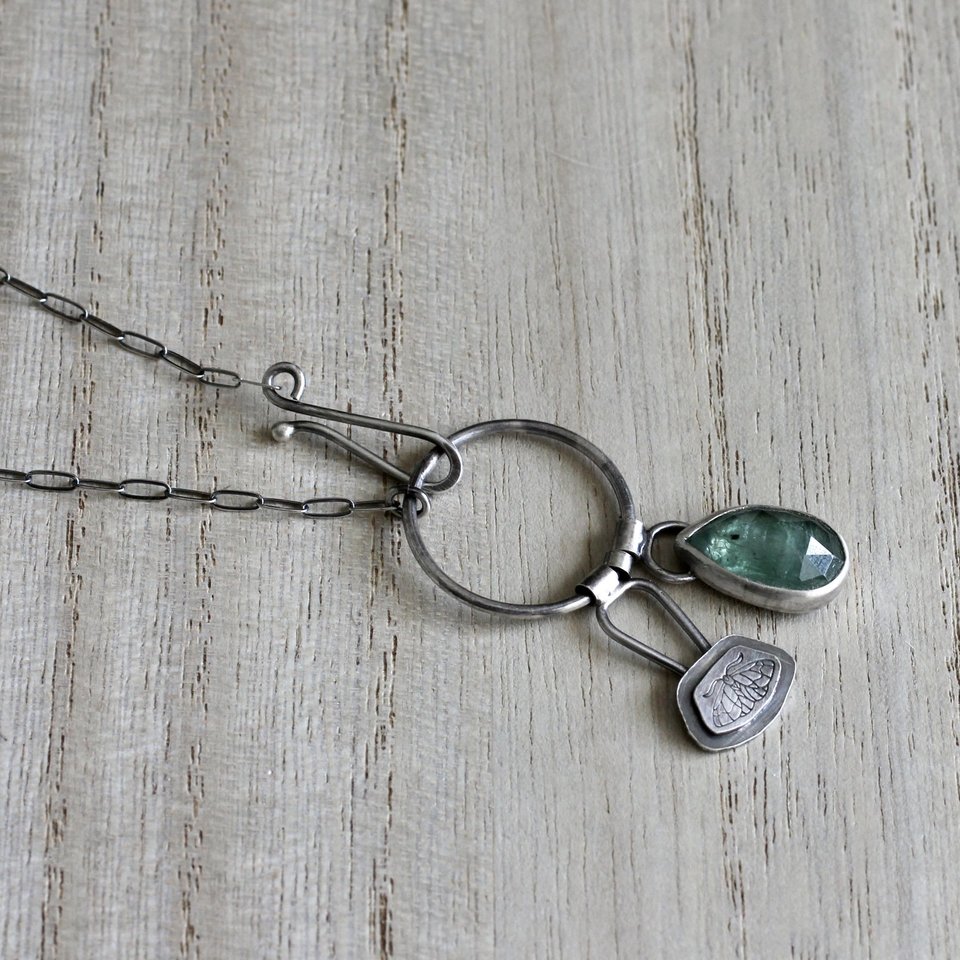 Green Kyanite and Moth Necklace in Sterling Silver